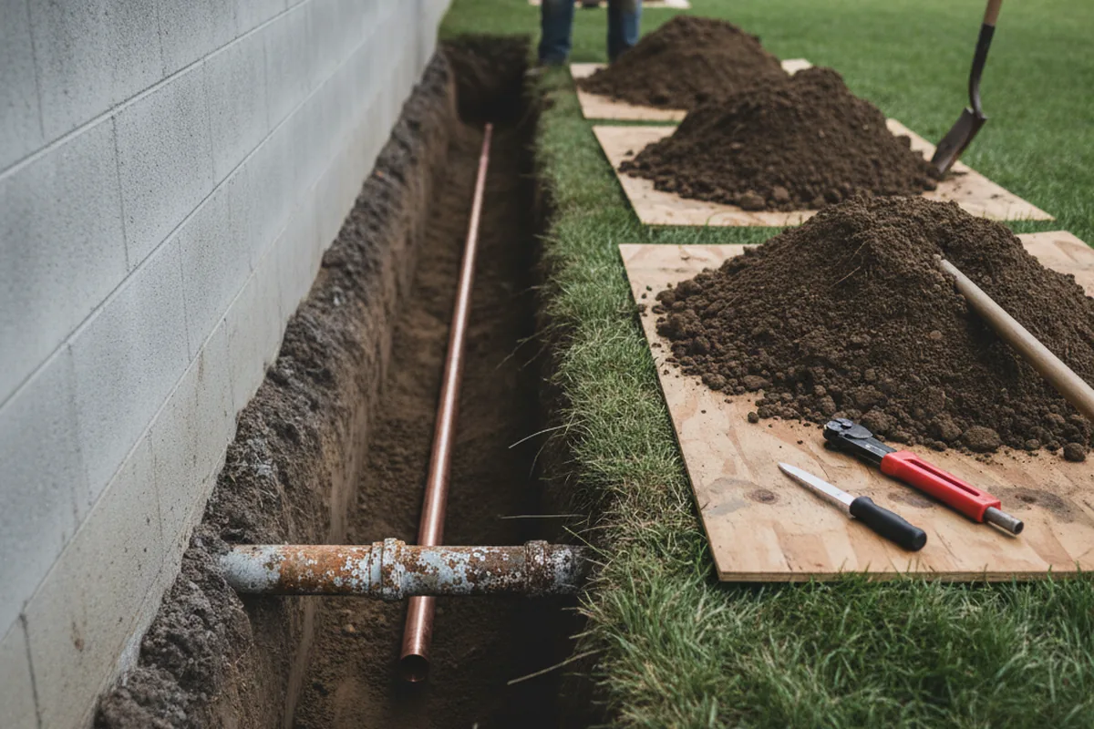 Excavated water line trench during Water Softener Installation in Picher